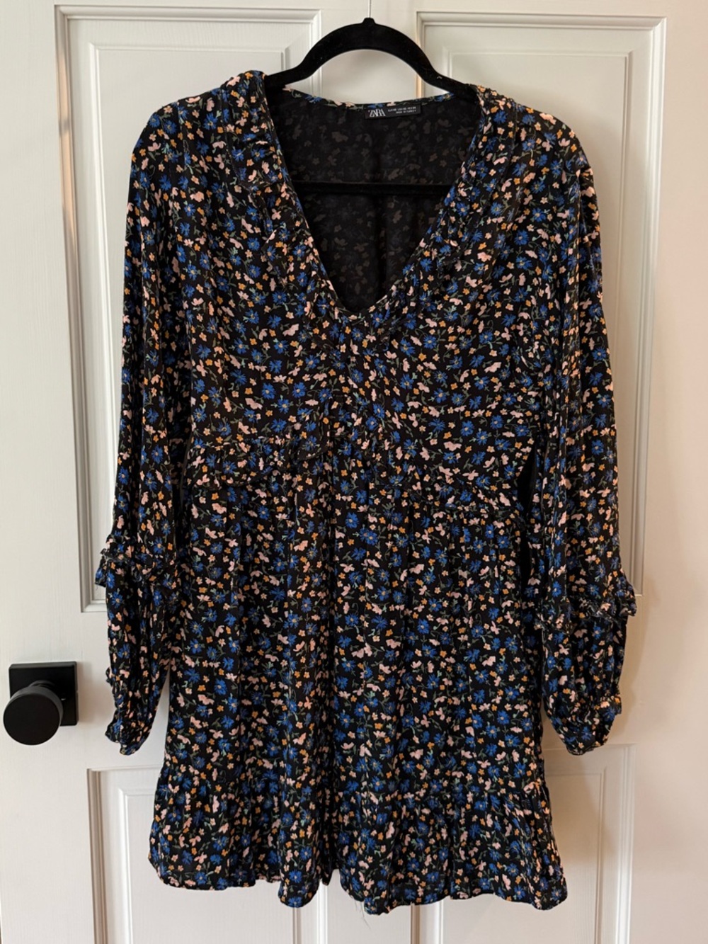 Zara Black Dress with Blue and Tan Floral Print